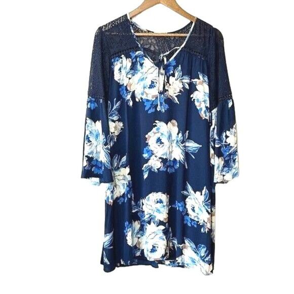 Luxology Floral Crochet Bell Sleeve Blue Midi Dress Size 8 - Picture 2 of 13